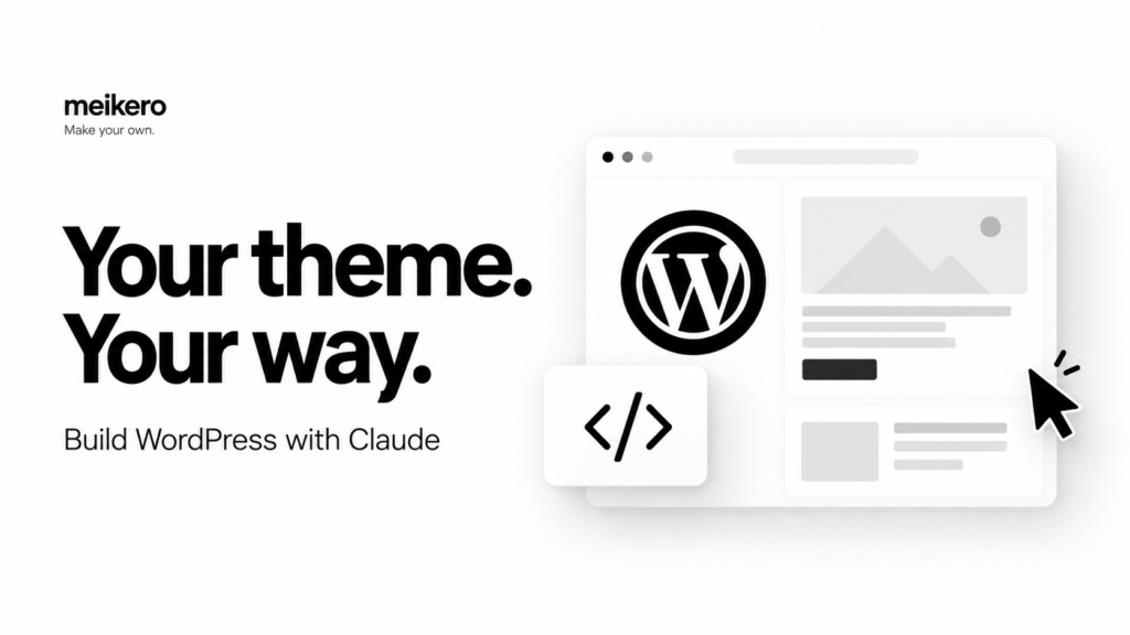 Meikero illustration of a WordPress theme layout and a code symbol.